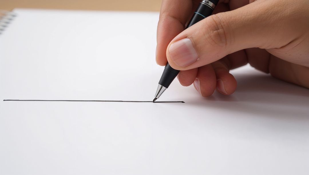 Right Hand Drawing Thin Black Line with Pen on White Paper Notebook Closeup for Drafting