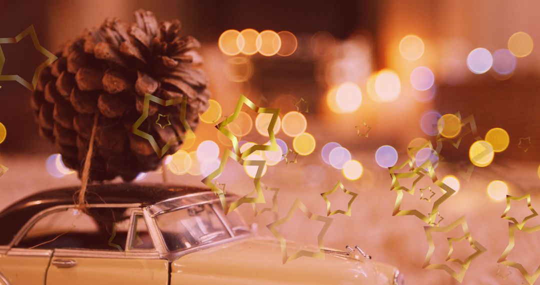 Whimsical Christmas Pine Cone on Model Car with Glowing Stars