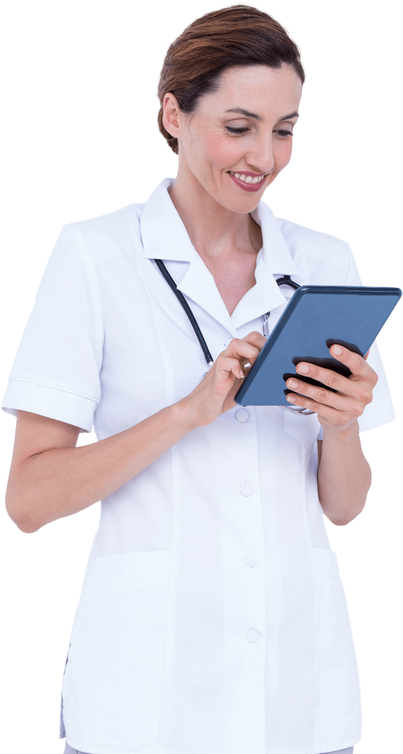 Smiling Female Doctor Using Tablet with Transparent Background