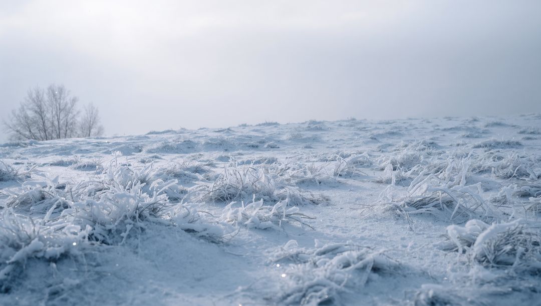 Frost-Covered Grass Tufts in Misty Winter Meadow with Hoarfrost Crystals and Bare Trees