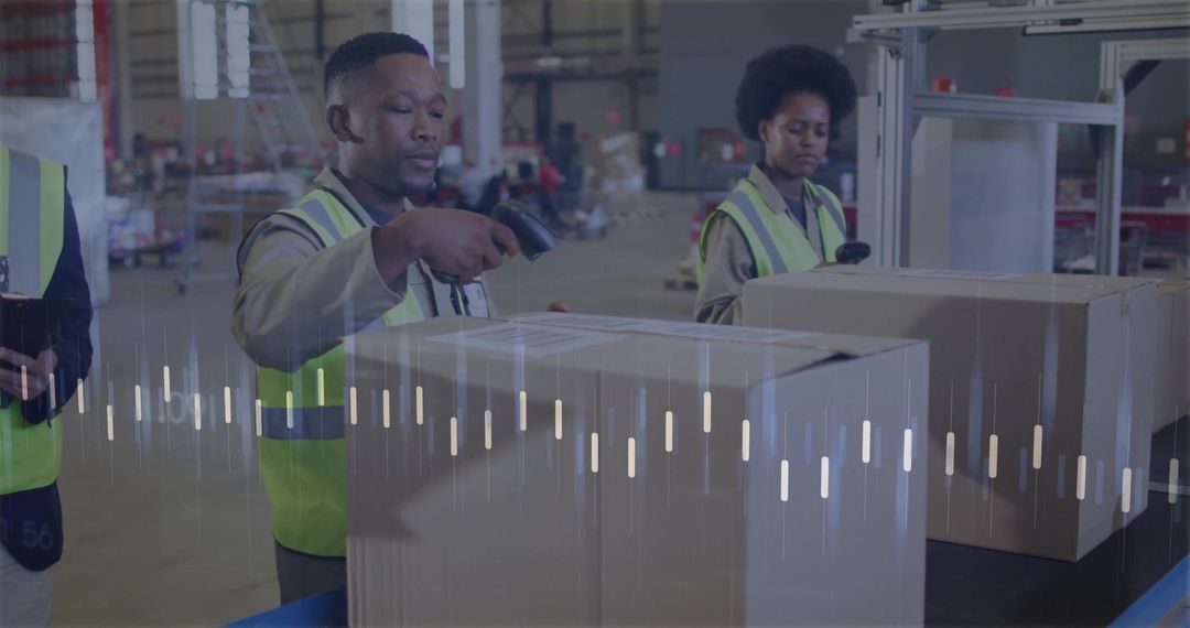 Warehouse Worker Scanning Packages on Conveyor Line with Technology Overlay