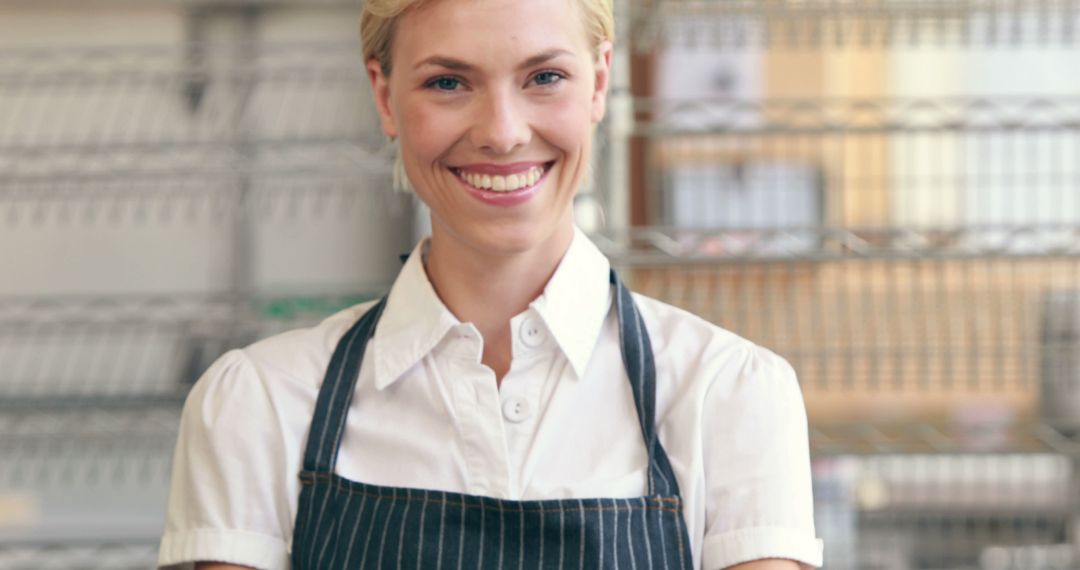 Smiling Female Chef Wearing Apron in Commercial Kitchen - Free Images, Stock Photos and Pictures on Pikwizard.com