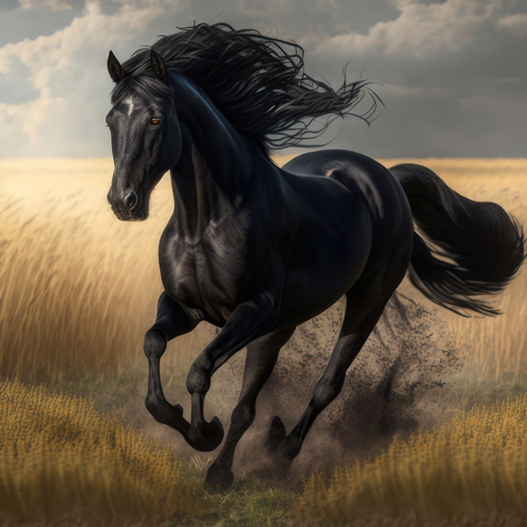 Majestic Black Stallion Running in Golden Field with Clouds - Free Images, Stock Photos and Pictures on Pikwizard.com