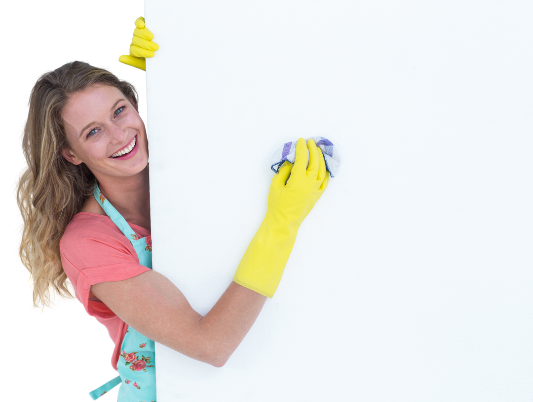 Smiling Woman Cleaning Large White Poster with Yellow Gloves - Download Free Stock Images Pikwizard.com