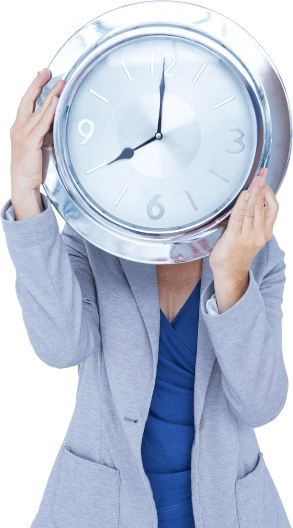 Transparent Businesswoman Holding Clock Facing Time Concepts
