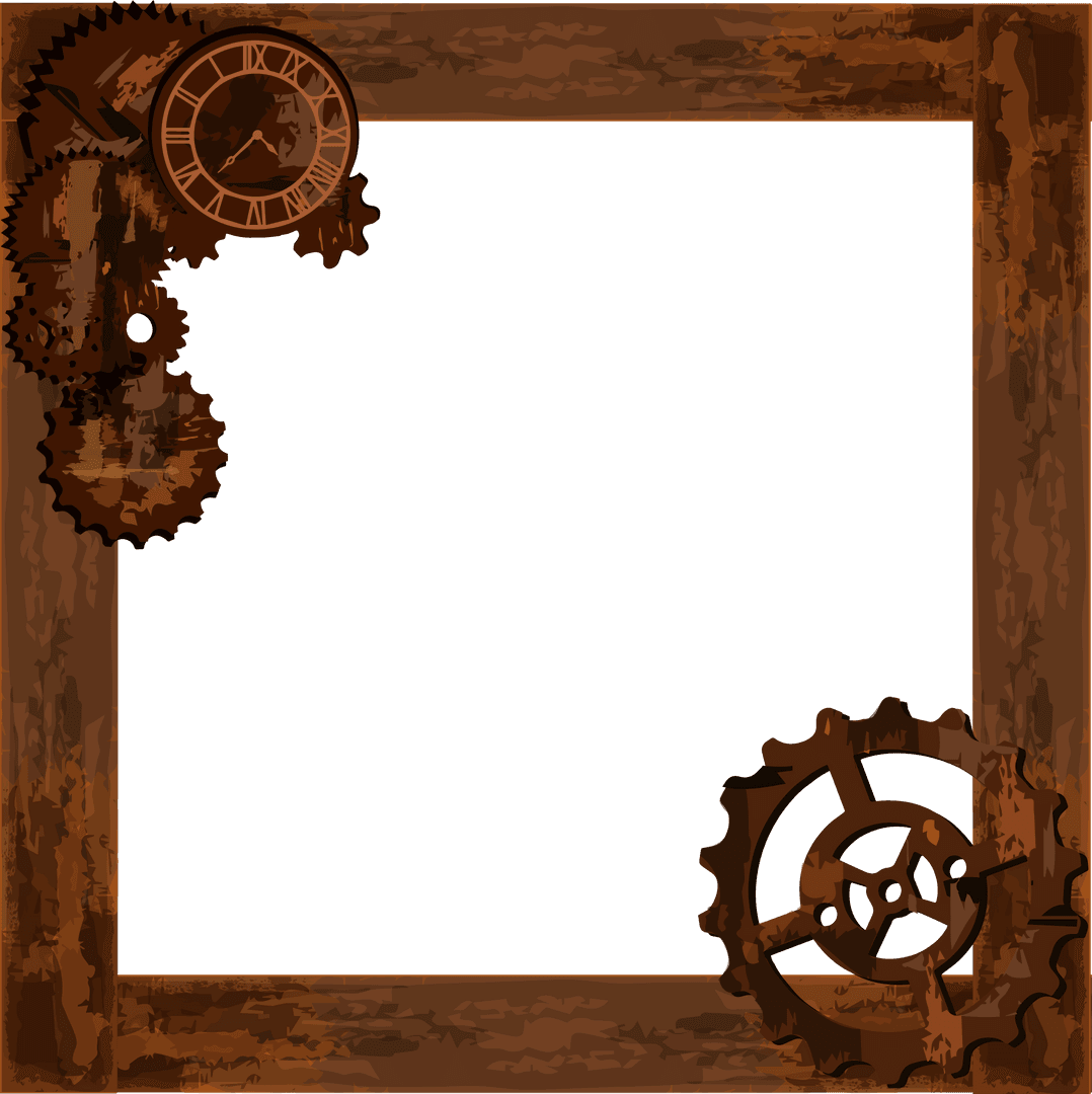 Steampunk Wood Frame with Rusted Gears and Roman Clock on Transparent Background