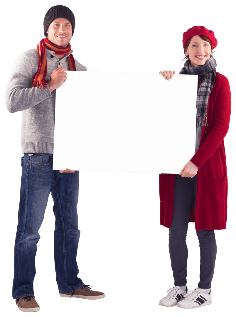 Happy Couple Holding Blank Transparent Sign for Custom Message