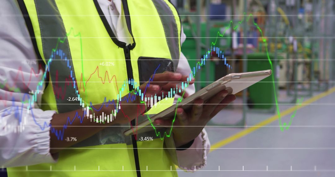 African American Woman Using Tablet with Digital Data Overlay