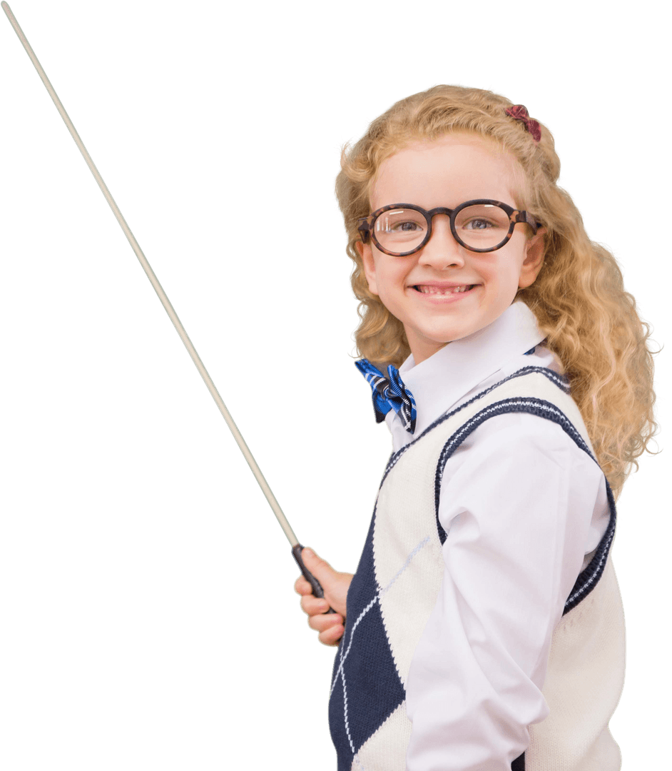 Smiling Student with Transparent Background Pointing with Pointer