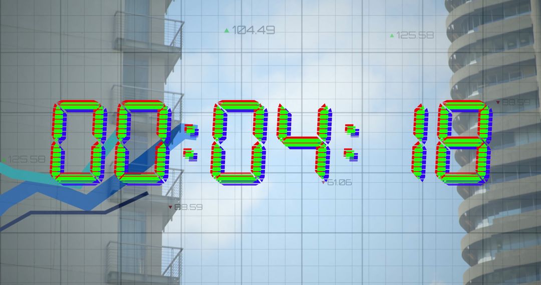 Digital Timer Overlay on Modern City with Financial Data Graphics