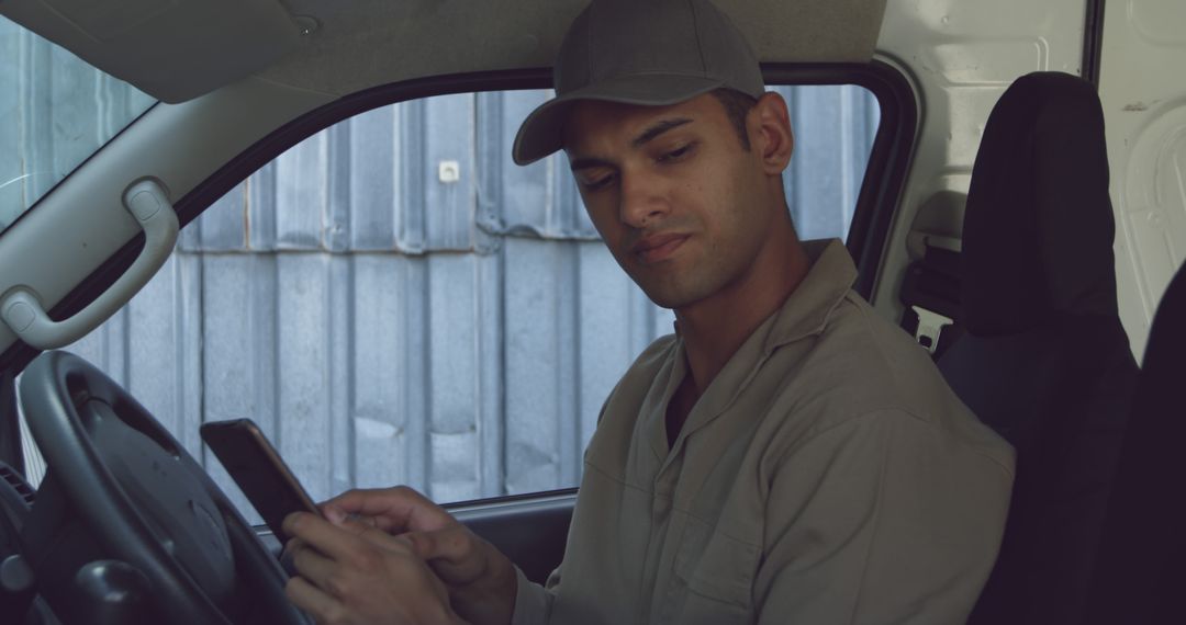 Delivery Driver Using Smartphone Inside Van - Free Images, Stock Photos and Pictures on Pikwizard.com