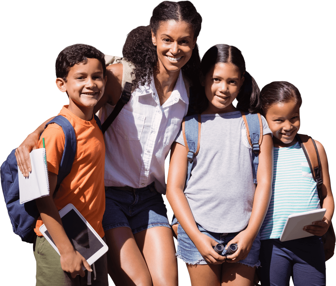 Smiling Teacher with Diverse Students Transparent Background