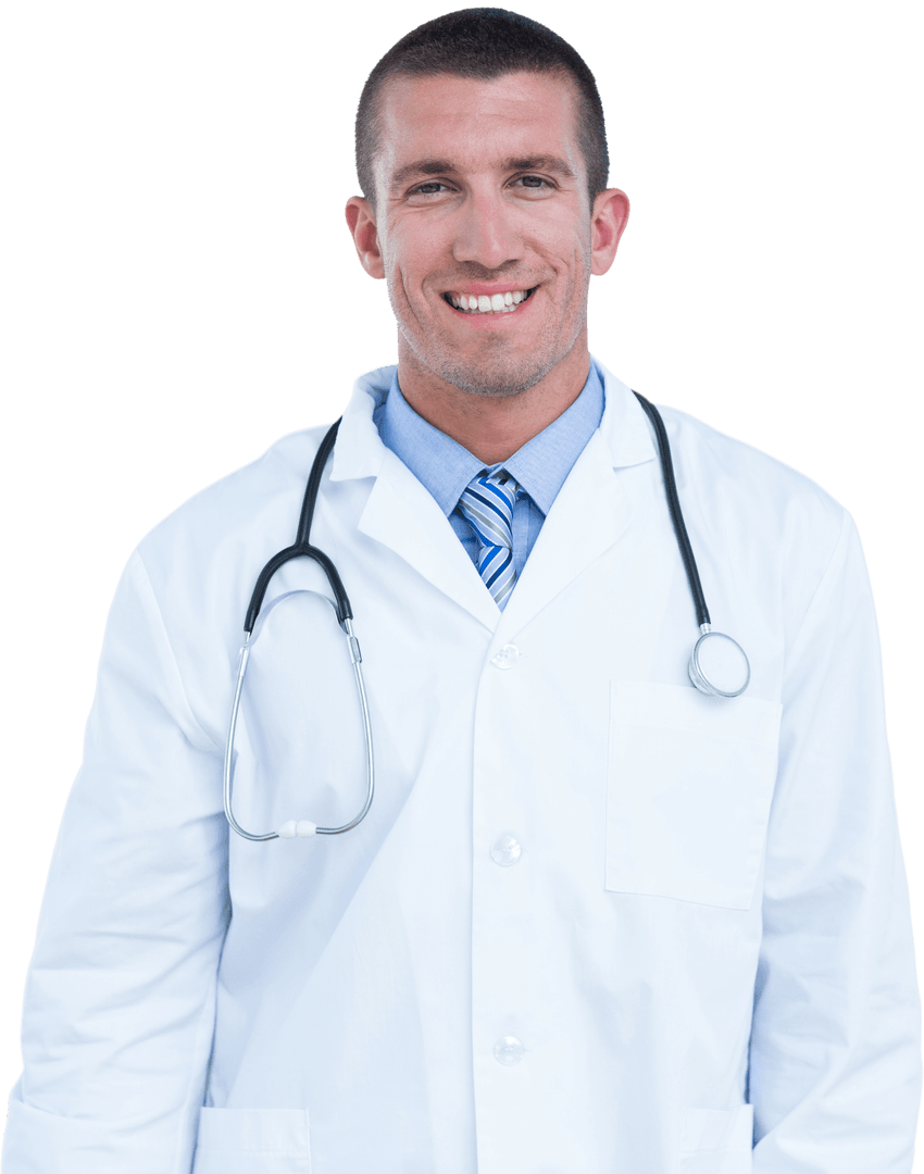 Smiling Clear-Background Male Doctor in White Coat
