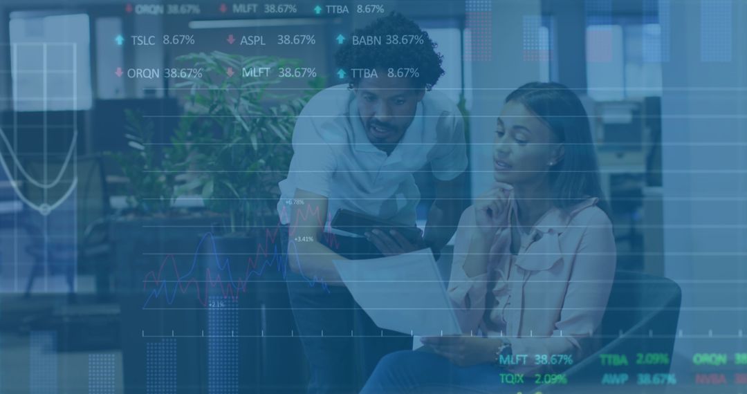 Diverse Coworkers Sharing Ideas with Stock Market Overlay