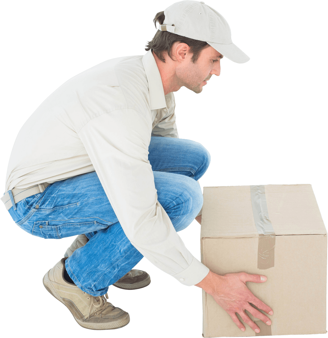 Transparent Delivery Worker Lifting Cardboard Box with Great Care