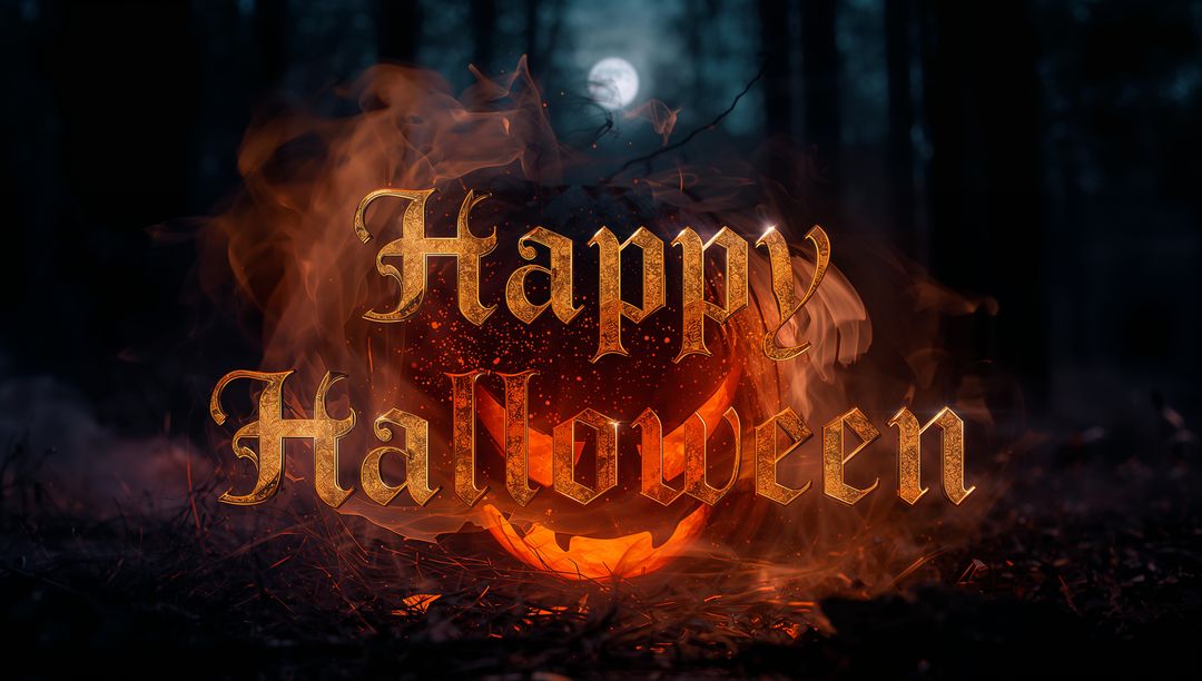Spooky Burning Pumpkin with Happy Halloween Text in Forest