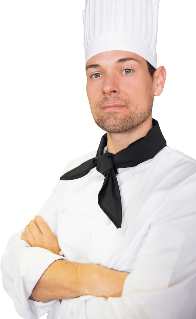 Confident Male Chef in White Attire with Black Scarf on Transparent Background
