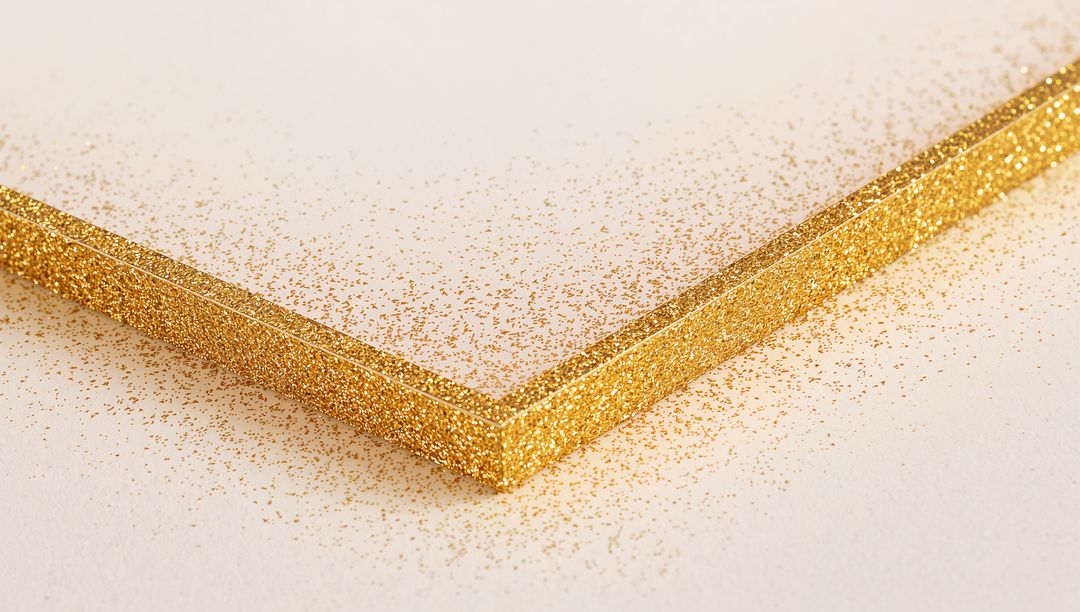 Gilded acrylic sheet corner with scattered gold glitter on beige surface
