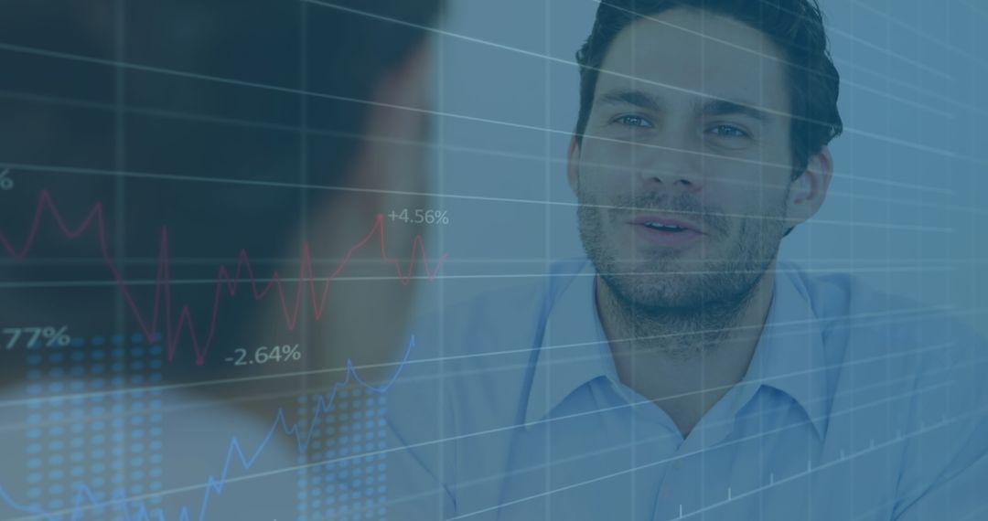 Financial Data Overlay with Businessmen Shaking Hands in Meeting