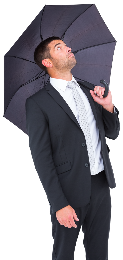 Transparent Businessman Holding Black Umbrella Looking Curious - Download Free Stock Images Pikwizard.com