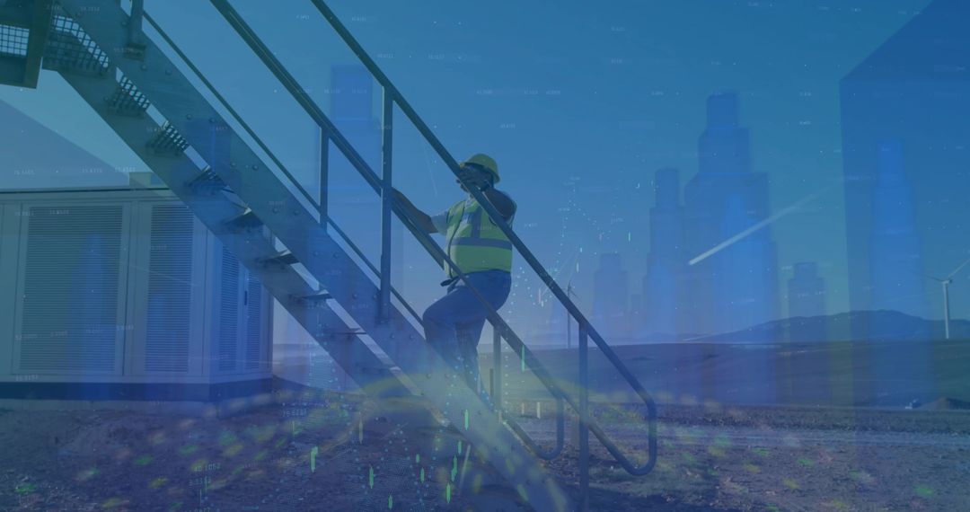 Engineer Climbing Stairs at Wind Farm for Maintenance
