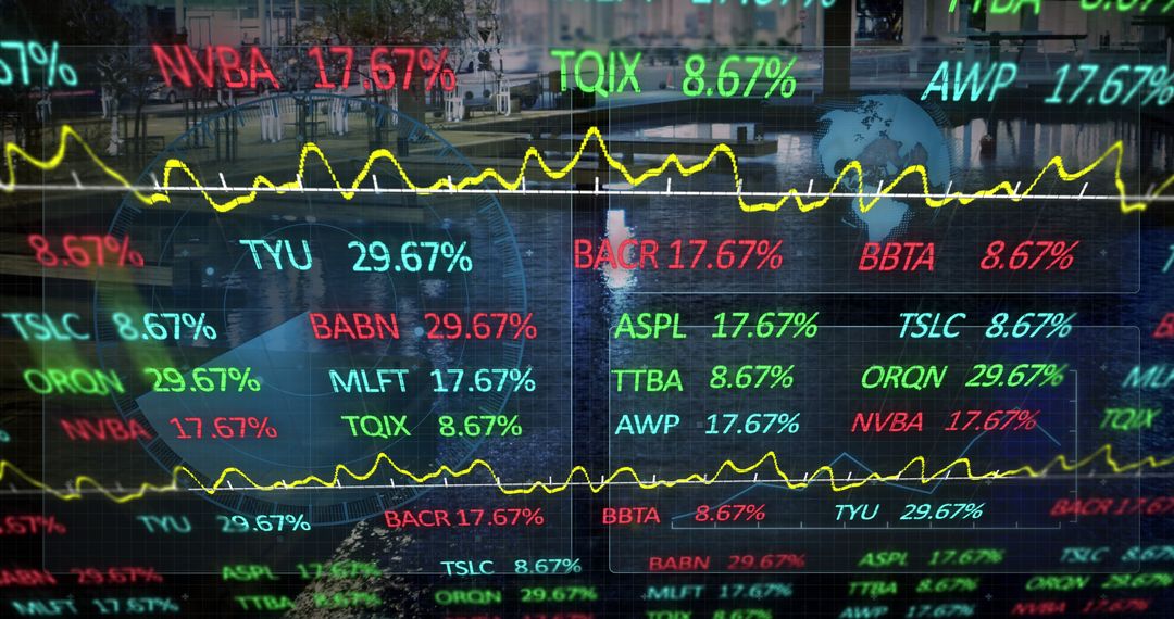 Digital Stock Market Display Against Urban Backdrop