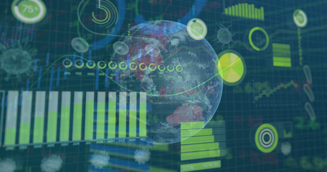 Globe with digital interface displaying global health data and analytics