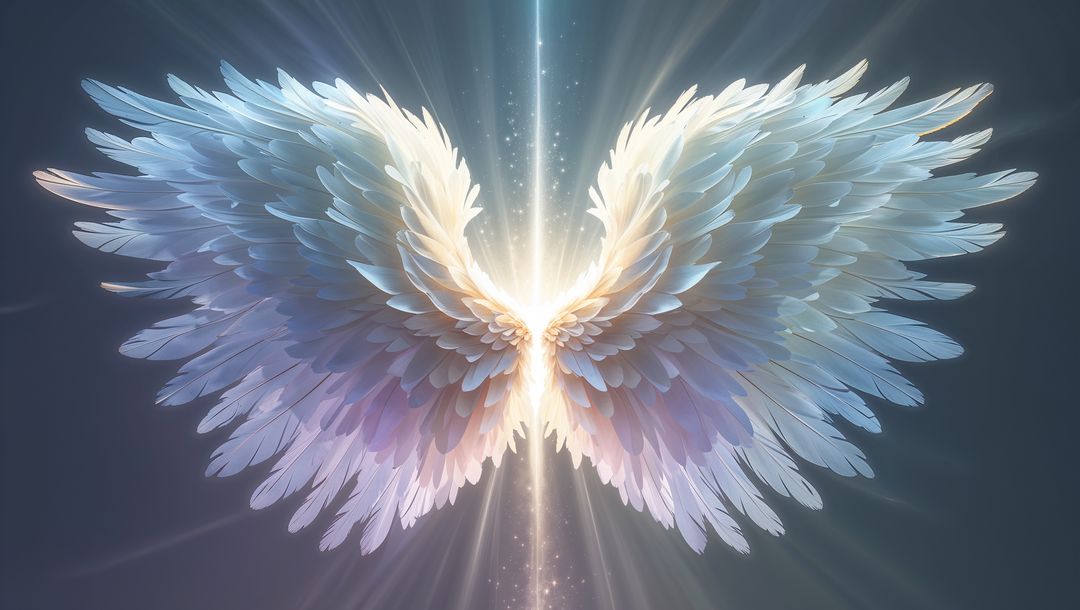 Luminescent multicolored feathered angel wings with celestial beam