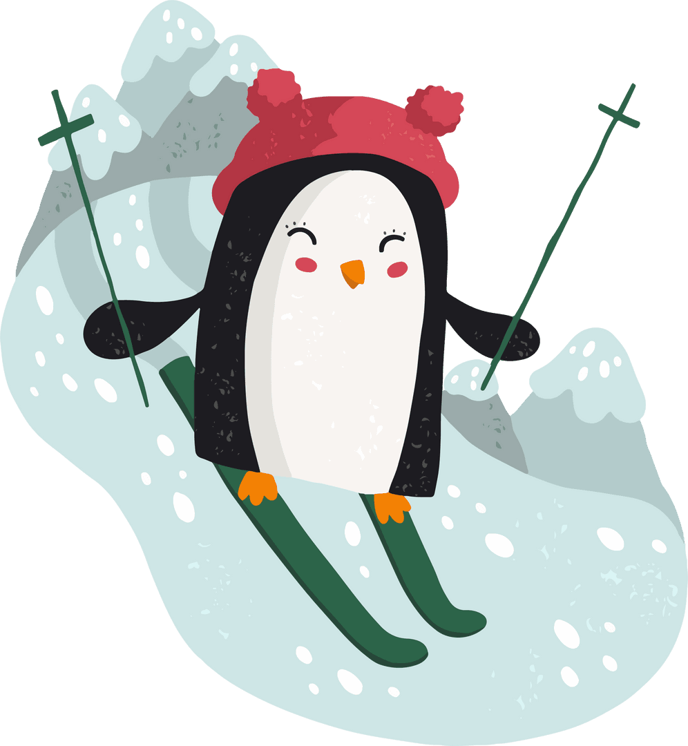 Playful Penguin on Green Skis with Red Pom-Pom Hat