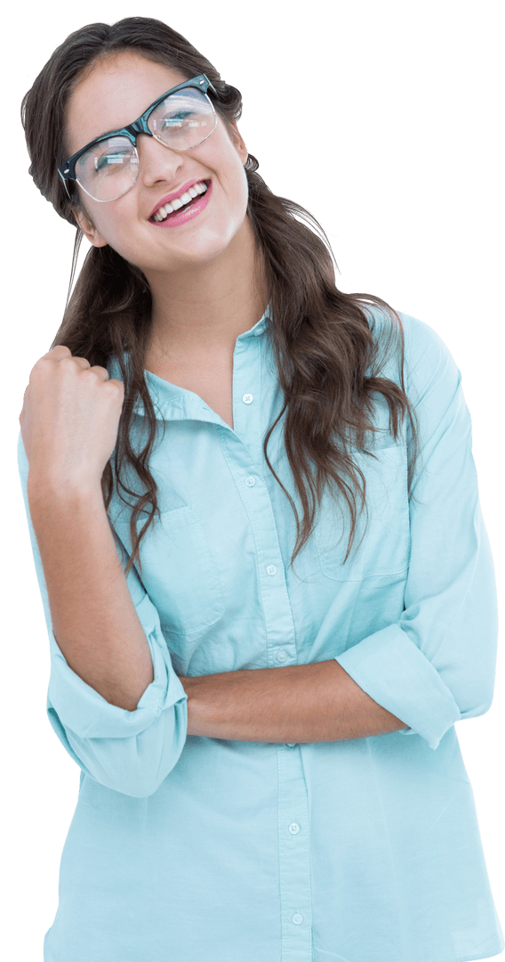 Smiling Young Woman in Glasses with Confident Stance on Transparent Background