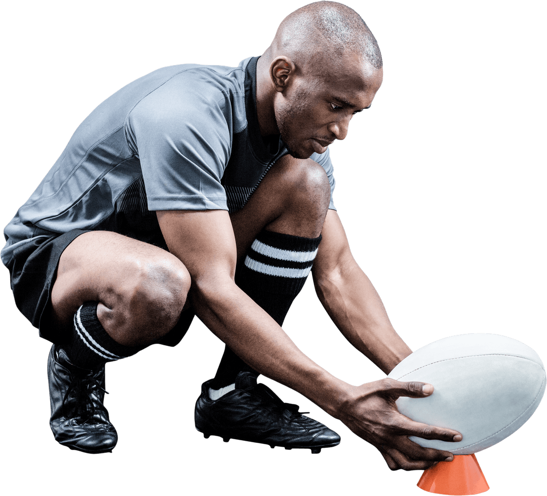 Rugby Player Preparing for Kick on Transparent Background