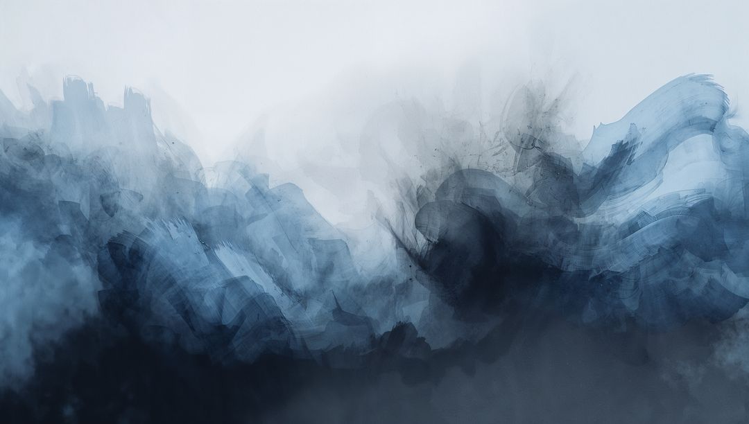 Swirling navy ink waves rising into foggy horizon with watercolor texture and moody gradient
