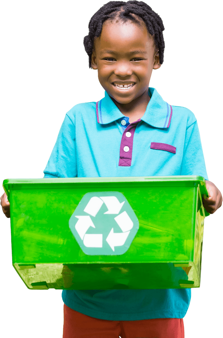 Young Boy Smiling While Holding Transparent Recycling Bin