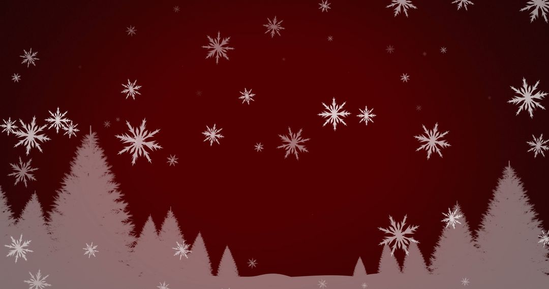 White Snowflakes on Dark Red Background with Grey Trees