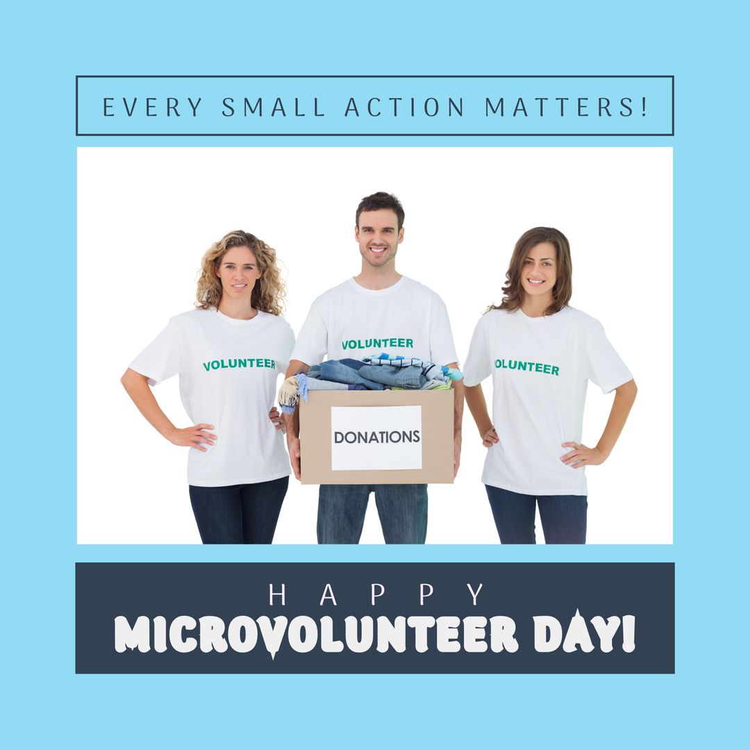 Smiling Volunteers with Donation Box Celebrating Microvolunteer Day