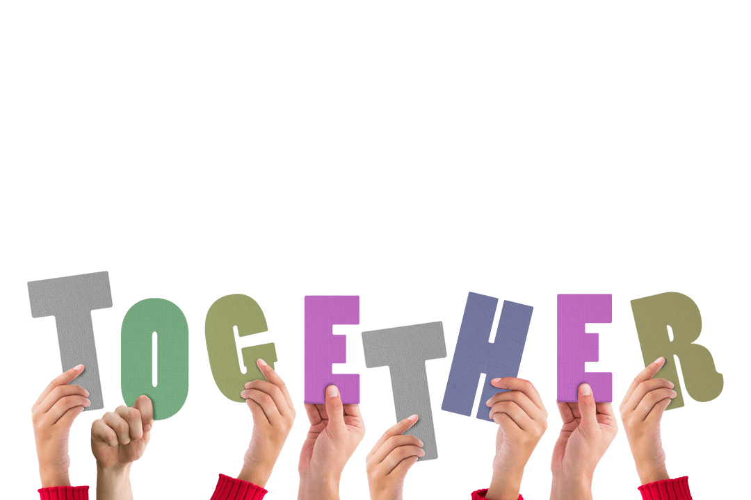 Together Hands Holding Colorful Letters on Transparent Background