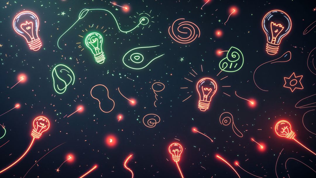 Futuristic Neon Bulbs and Abstract Patterns on Dark Digital Background