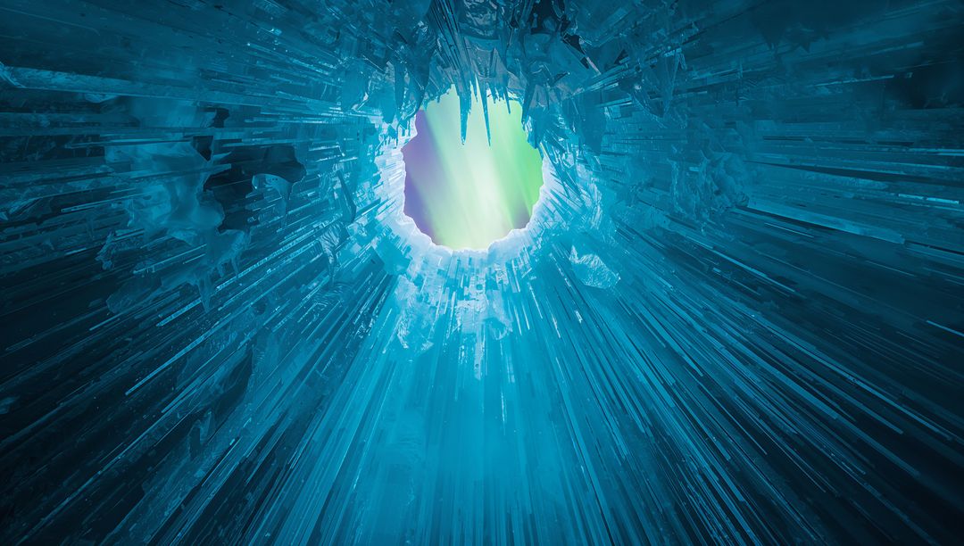 Surreal Ice Cave Featuring Aurora Borealis