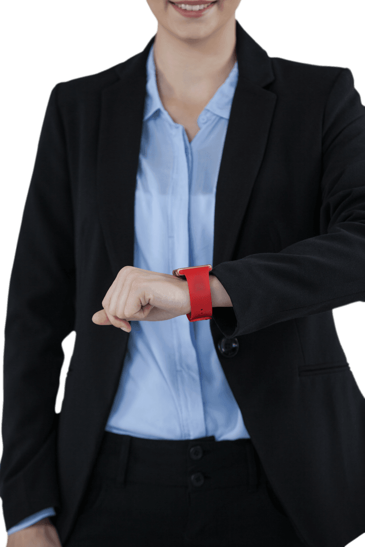 Businesswoman Smiling While Checking Red Smartwatch on Transparent Background