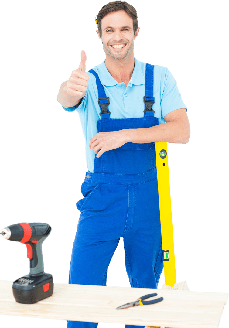 Confident Carpenter Leaning with Thumbs Up in a Transparent Background