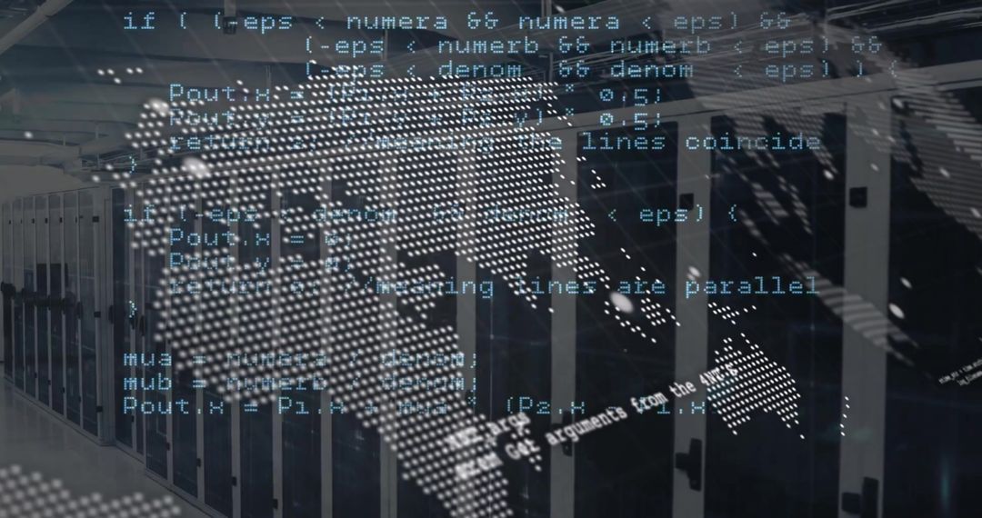 World Map Overlay on Data Center with Flowing Code Visuals