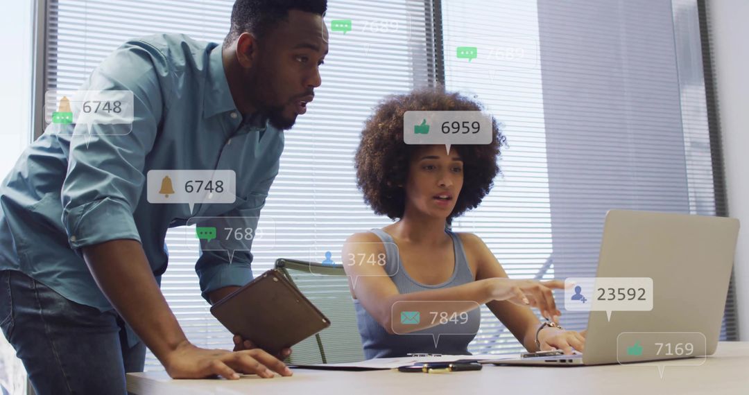 Team collaborating on social media analytics dashboard with engagement notifications
