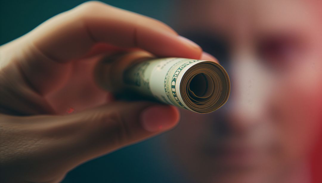 Holding Tightly Rolled US Dollar Bill Focus on Currency