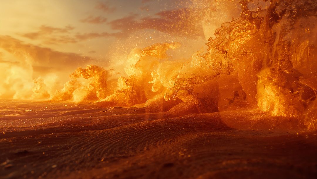 Surreal Golden Waves Crashing Over Desert Ripples at Sunset