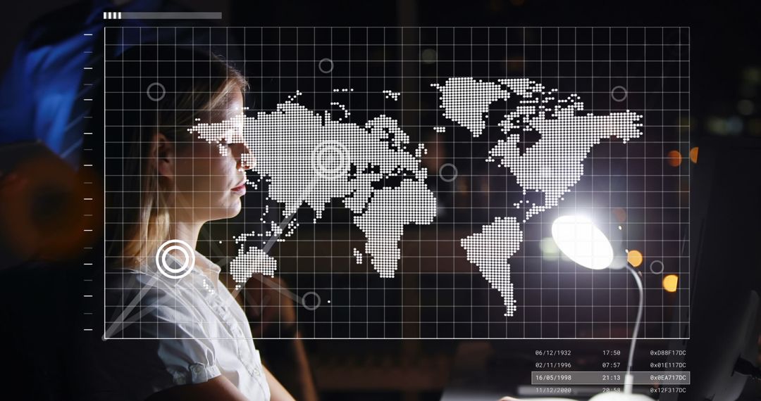 Businesswoman Analyzing Global Map with Digital Interface