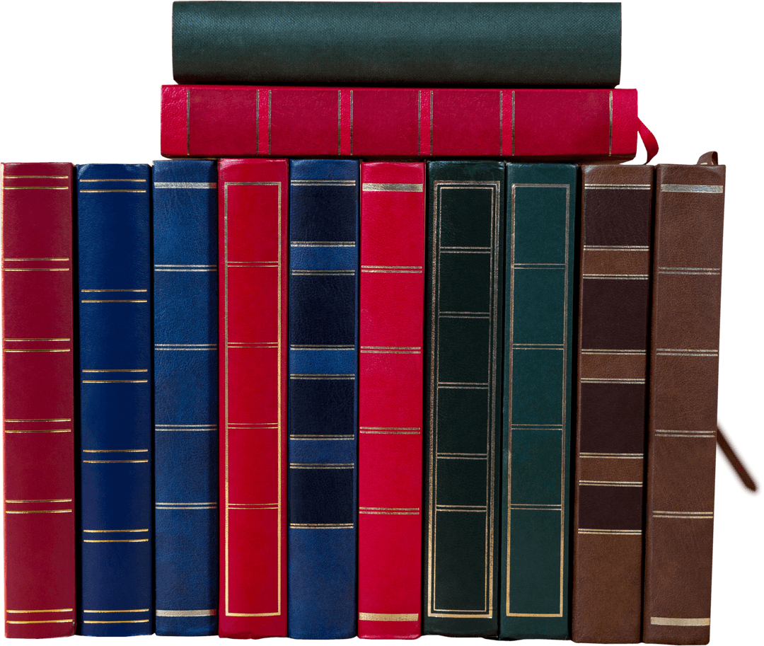 Stack of Colorful Leather Bound Books on Transparent Background