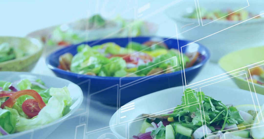 Fresh Vibrant Mixed Salads in Ceramics with Geometric Overlay