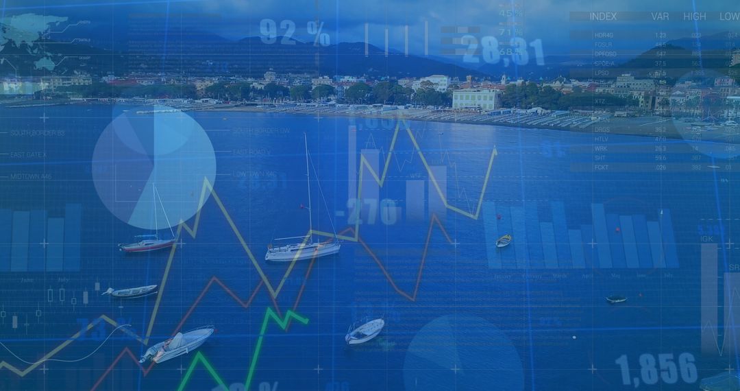 Harbor Scene with Digital Data Overlay Illustrating Maritime Technology