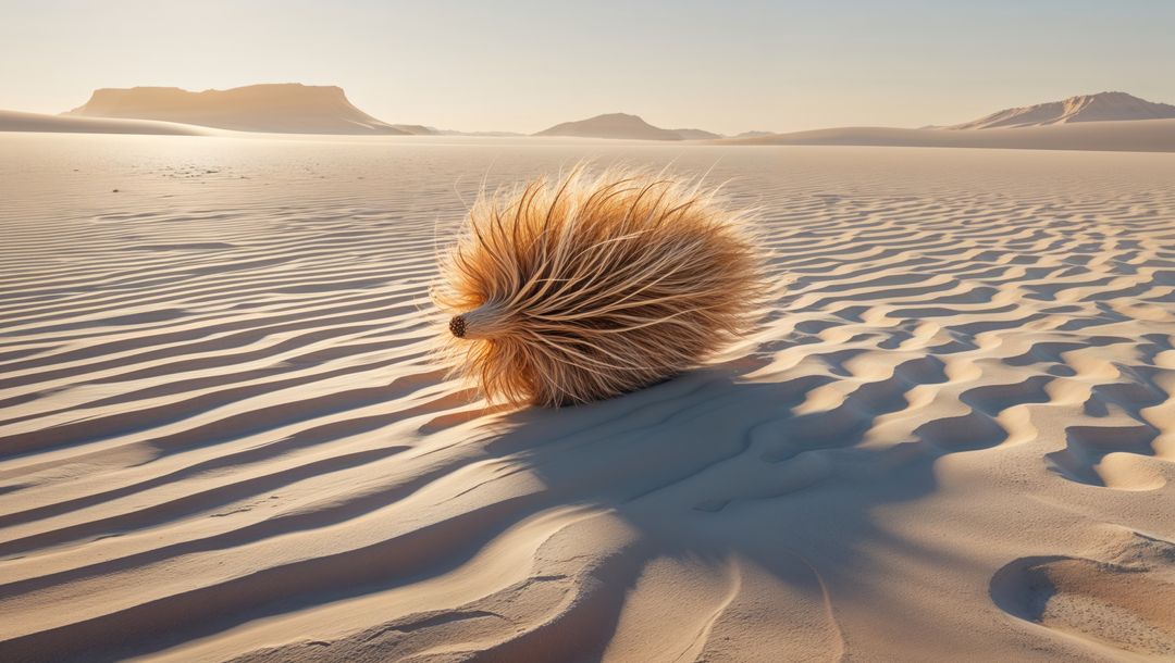 Golden Tumbleweed Rolling Across Rippling Desert Dunes