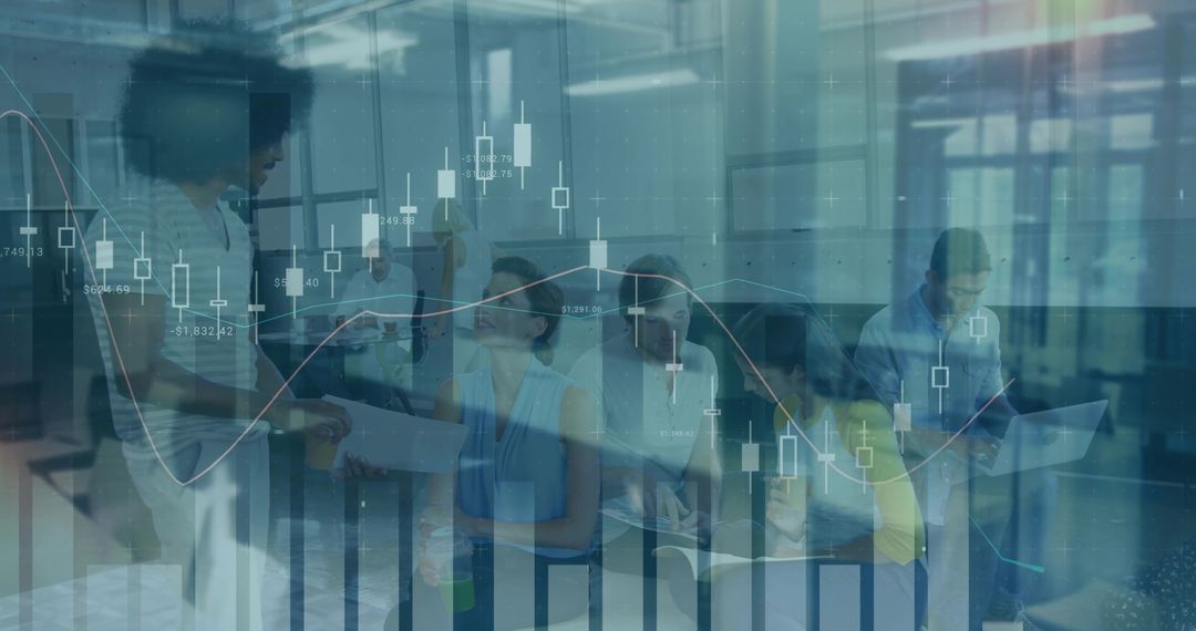 Business team analyzing financial charts overlaid with stock graphs in modern office